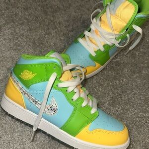 Nike Jordan 1’s Kids High-Top Sneakers in Light Blue, Green & Yellow